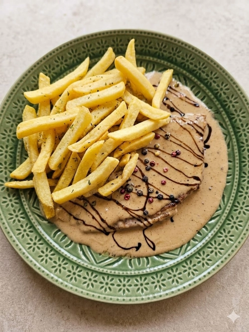 Grilled beef steak served with french fries and green peppers on a black plate.